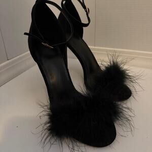 Black Feather Trim Stiletto Heels Ankle Strap Open Toe Glam Party Shoes